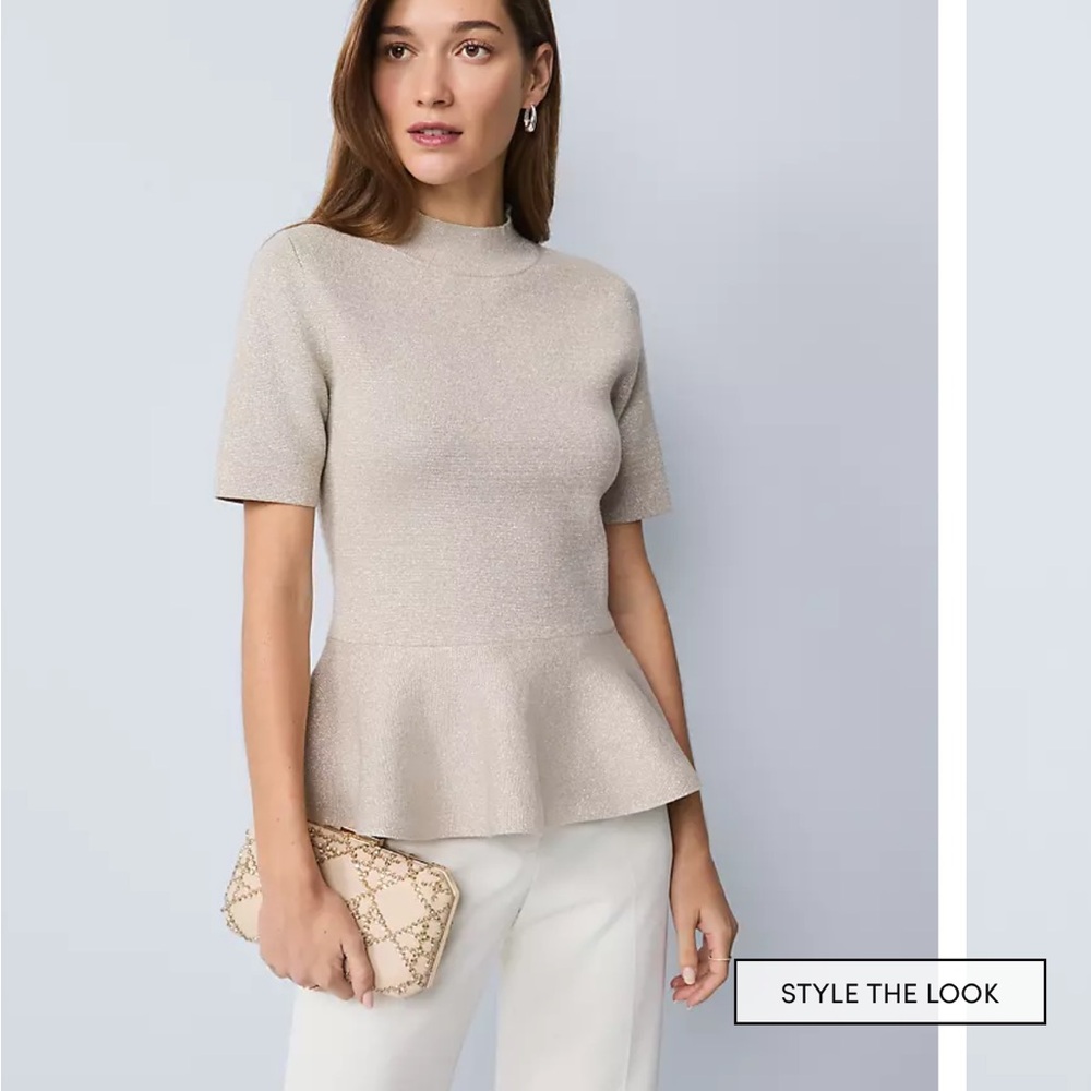 Anne Taylor Beige Metallic Peplum Knit Top